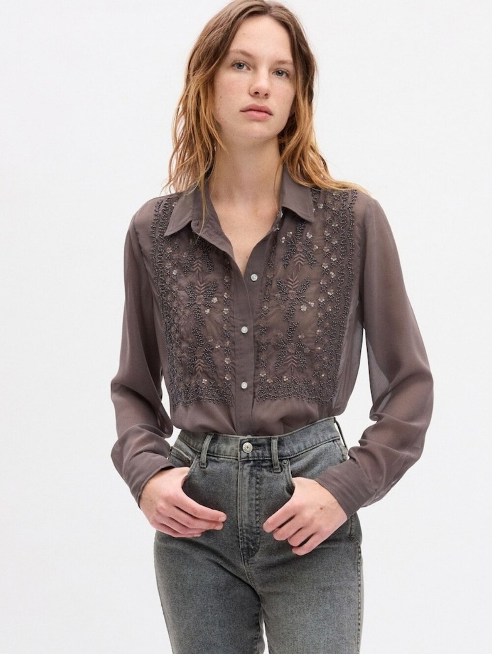 GAP Beaded Sheer Boyfriend Embroidered Blouse Brown Size Large